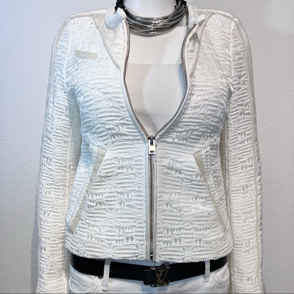 IRO • Kendall Jenner • Felicy Ivory Jacquard Silk Lamb Leather Trim Moto Jacket - Picture 4 of 16